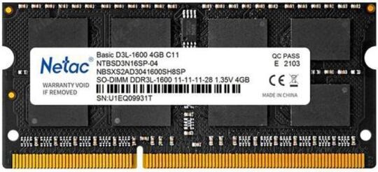 Оперативная память Netac Basic 4GB SO-DIMM DDR3L-1600 (PC3-12800) (NTBSD3N16SP-04)